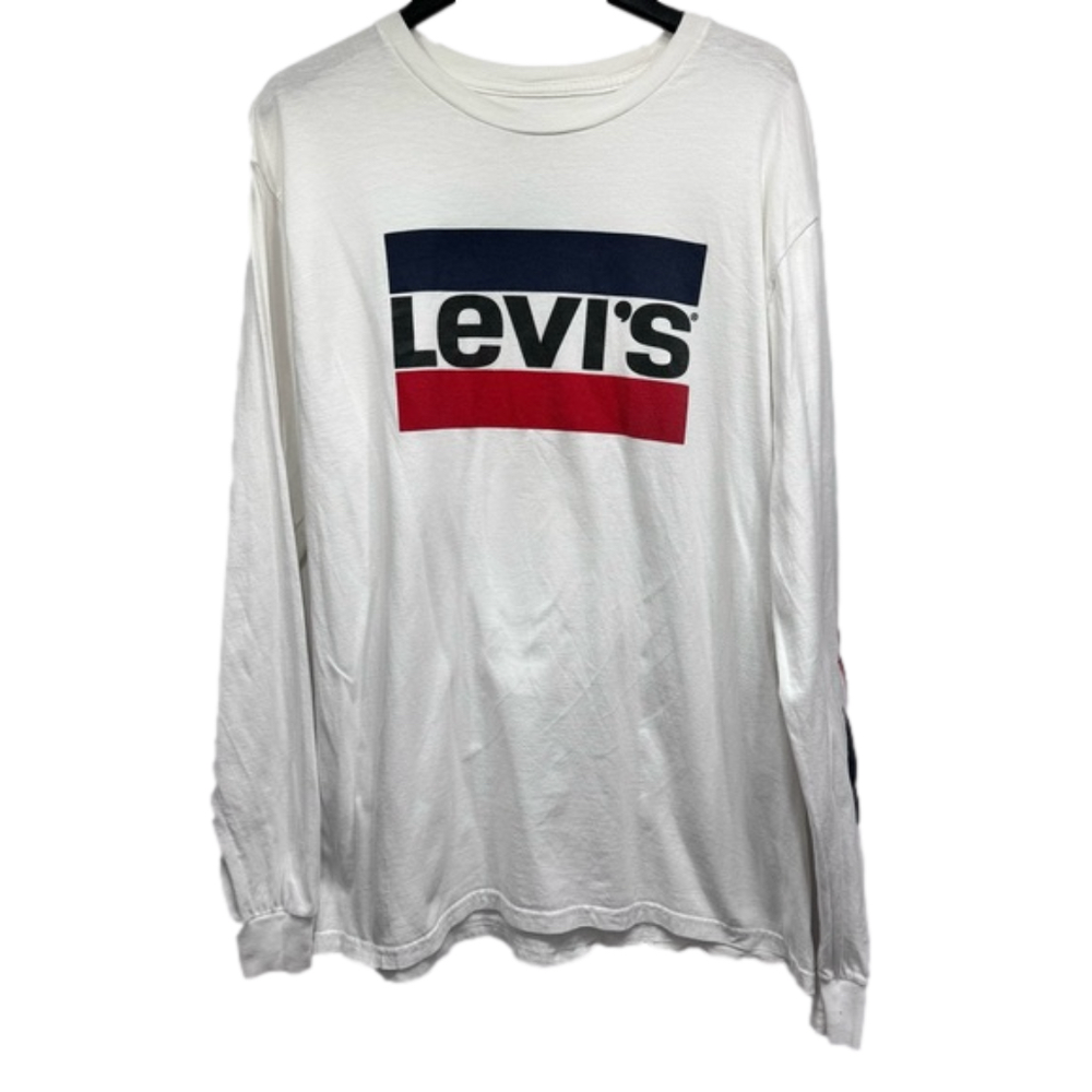 Levi’s White Long Sleeve Tee with Red Blue and Black Logo Size Large